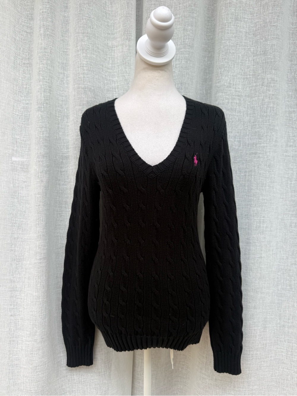 Ralph Lauren Sport cable knit 100% cotton black v neck sweater